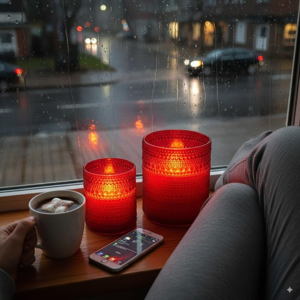 VENTA Set of 2 Red Glass Flameless Candles with Remote | Dimmable Flickering Votives, Ideal for a Romantic Dinner, Anniversaries, and Home Ambiance | Decorative Table Lamp
