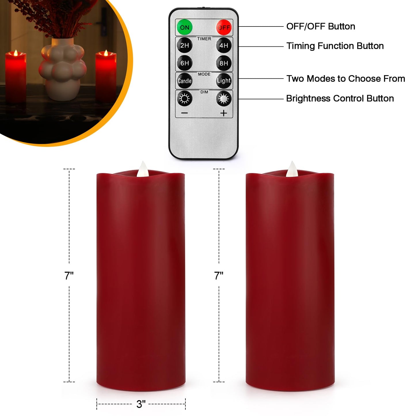 Enpornk 7” x 3” Flameless Candles, Flickering Moving Flame LED Candles, Battery Operated Candles with Remote and Timers, Burgundy, Set of 2