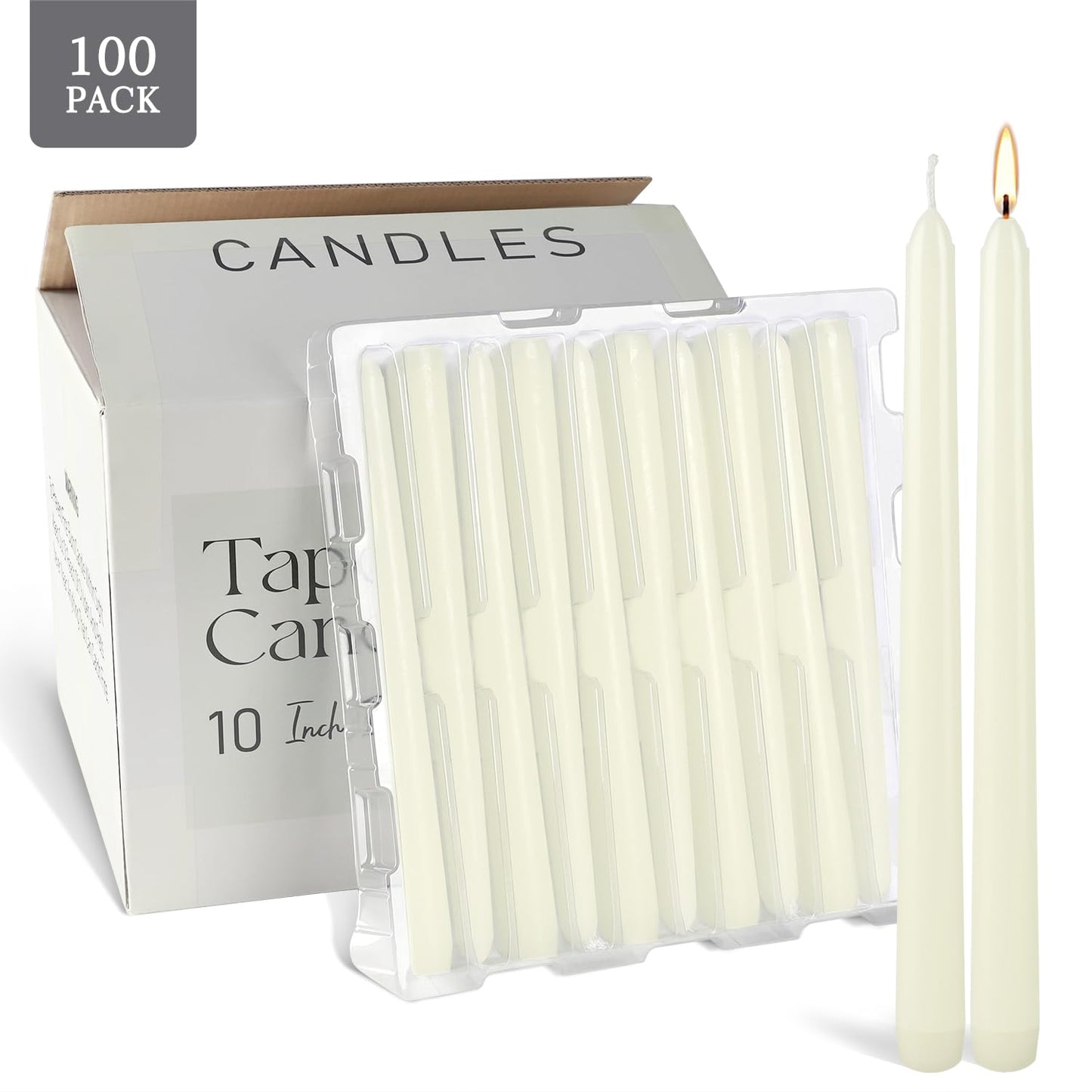 YOROXRG 100Pack Ivory Taper Candles, 7-8 Hours Burn Time, Unscented, Smokeless and Dripless, 0.75 x 10 Inch Dinner Candle Set for Household, Wedding, Party and Home Décor Candlesticks
