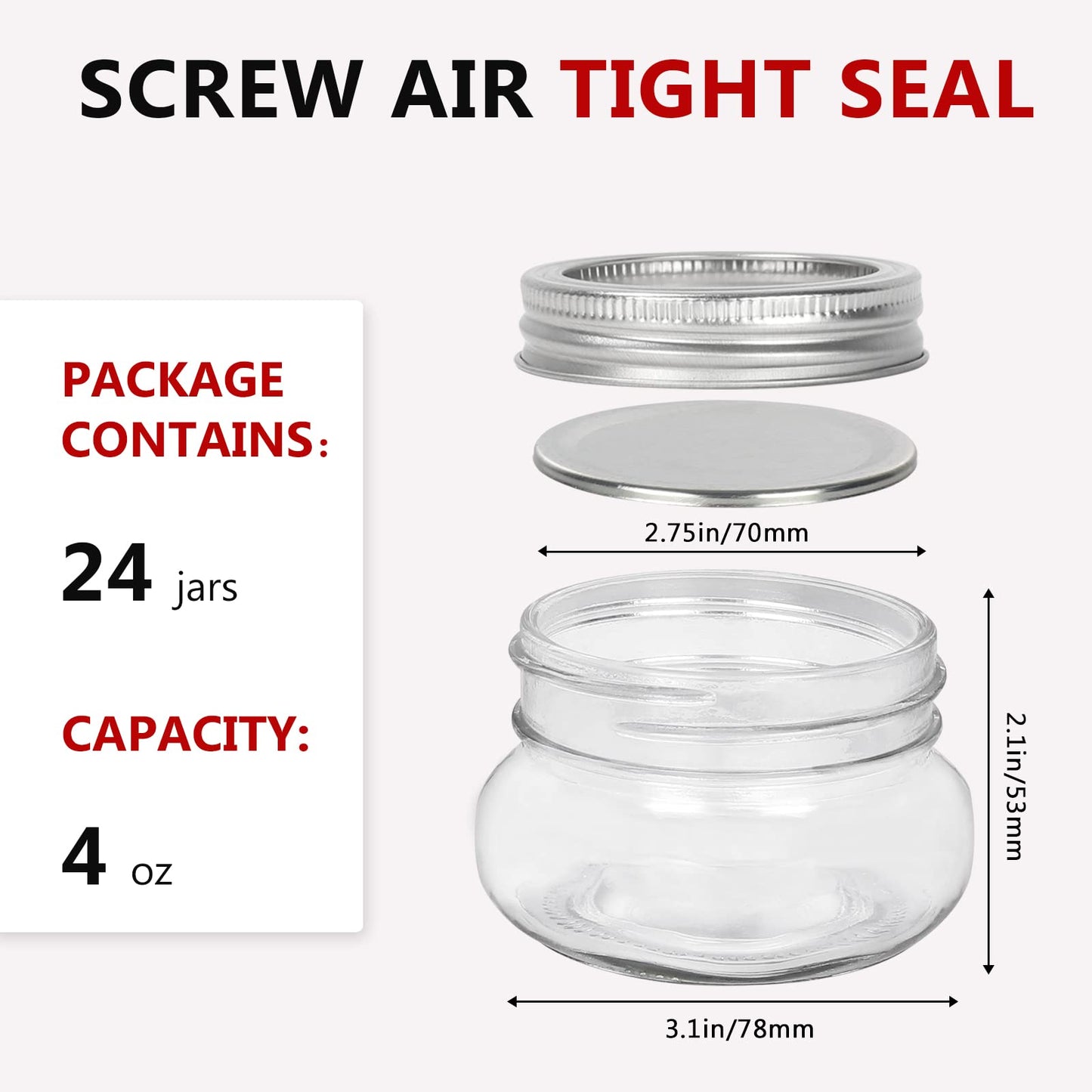 BETROME 4 oz Mason Jars, 24 Pack 120ml Glass Canning Jars with Regular Mouth Lids, Glass Jars Storage Containers for Overnight Oats, Jam, Jelly,Honey, Beans, Spice, Wedding Party Favors, Shower Favors