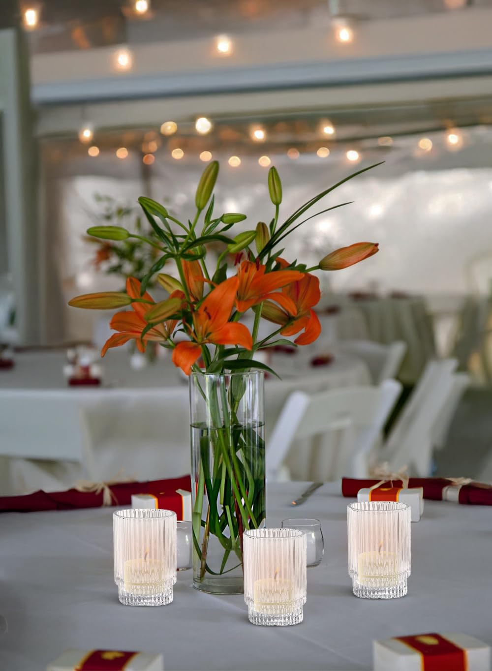 Serene Spaces Living Set of 4 Ribbed Glass Votive Holders & 10-Hour Ivory Votive Candles Set of 36 Bundle – Elegant Pleated Candle Holders & Long-Burning Unscented Tea Light Candles
