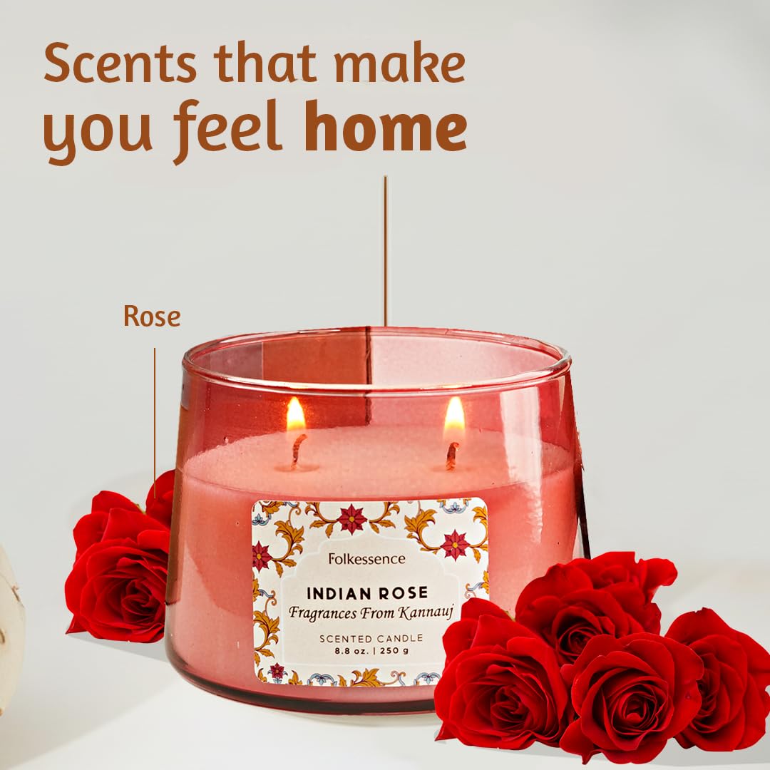 Folkulture Scented Candles- 8.8 Oz | Indian Rose Scented, Luxury Glass Jar Candles for Home, Gifts for Women, Her |Soy, Non Toxic Candle with 30 Hrs Burntime for Aromatherapy, Home Decor