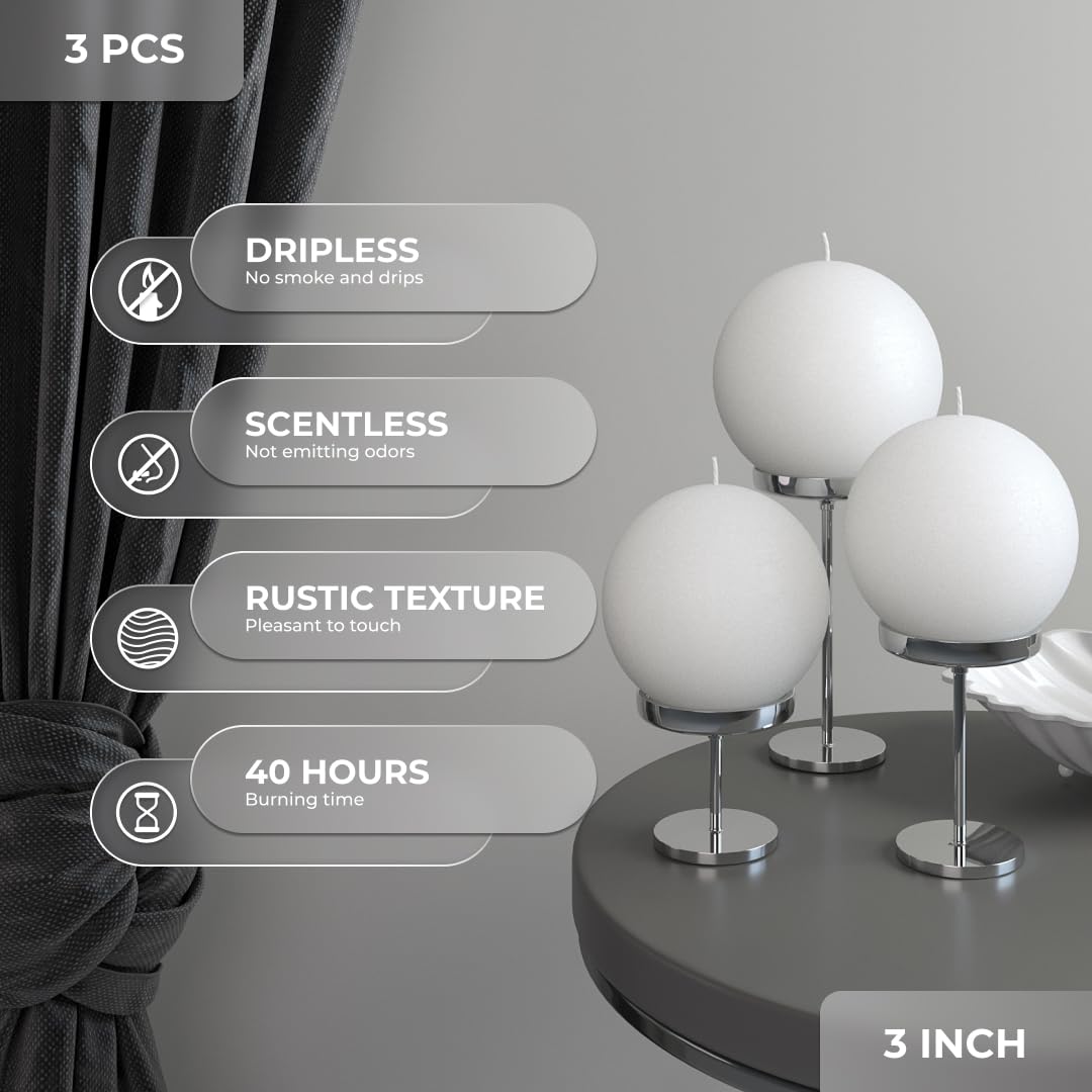 CANDWAX Set of 3 Round Candles Ball 3 inch - Snowball Spheres - Perfect as Wedding Decorations and as Spheres for Home Decor - Unscented Smokeless Dripless Long Burning White Candles