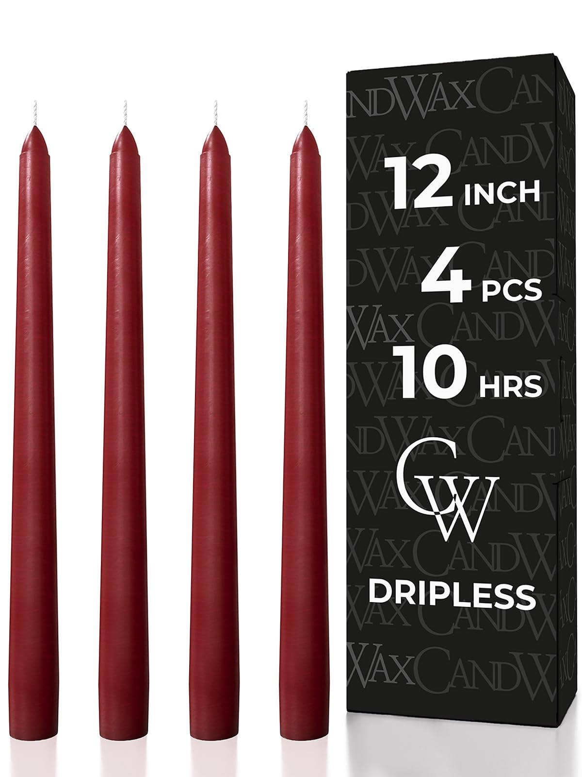 CANDWAX 12 inch Burgundy Taper Candle Pack of 4 - Unscented Smokeless Dripless Candlesticks - Candle Sticks for Party Décor, Christmas Home Decor, Dinner Table Centerpieces - Christmas Taper Candles