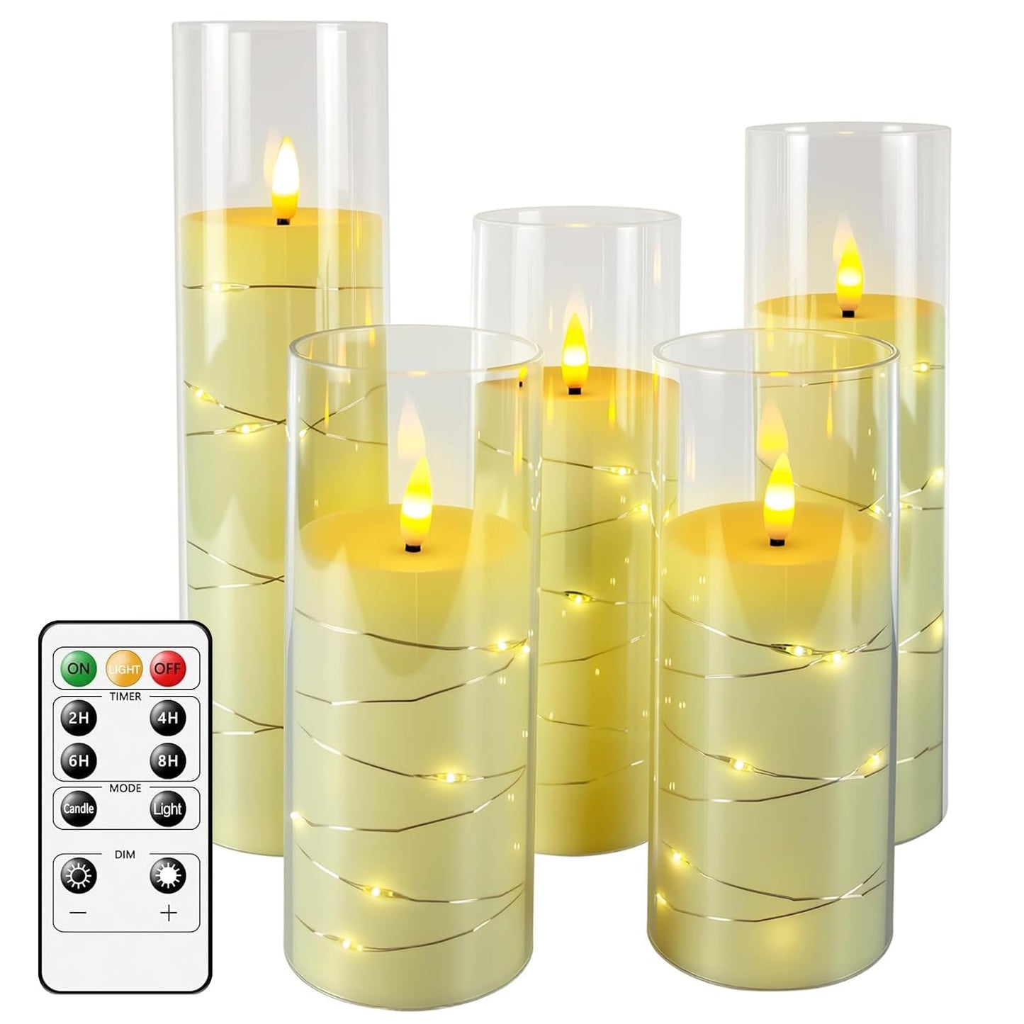 uuffoo 5 Pcs Flameless LED Candles with Timer Remote Flickering Flameless Candles with Embedded Star String, 3D Wick Acrylic Battery Operated LED Pillar Candles for Wedding Party Home Decor