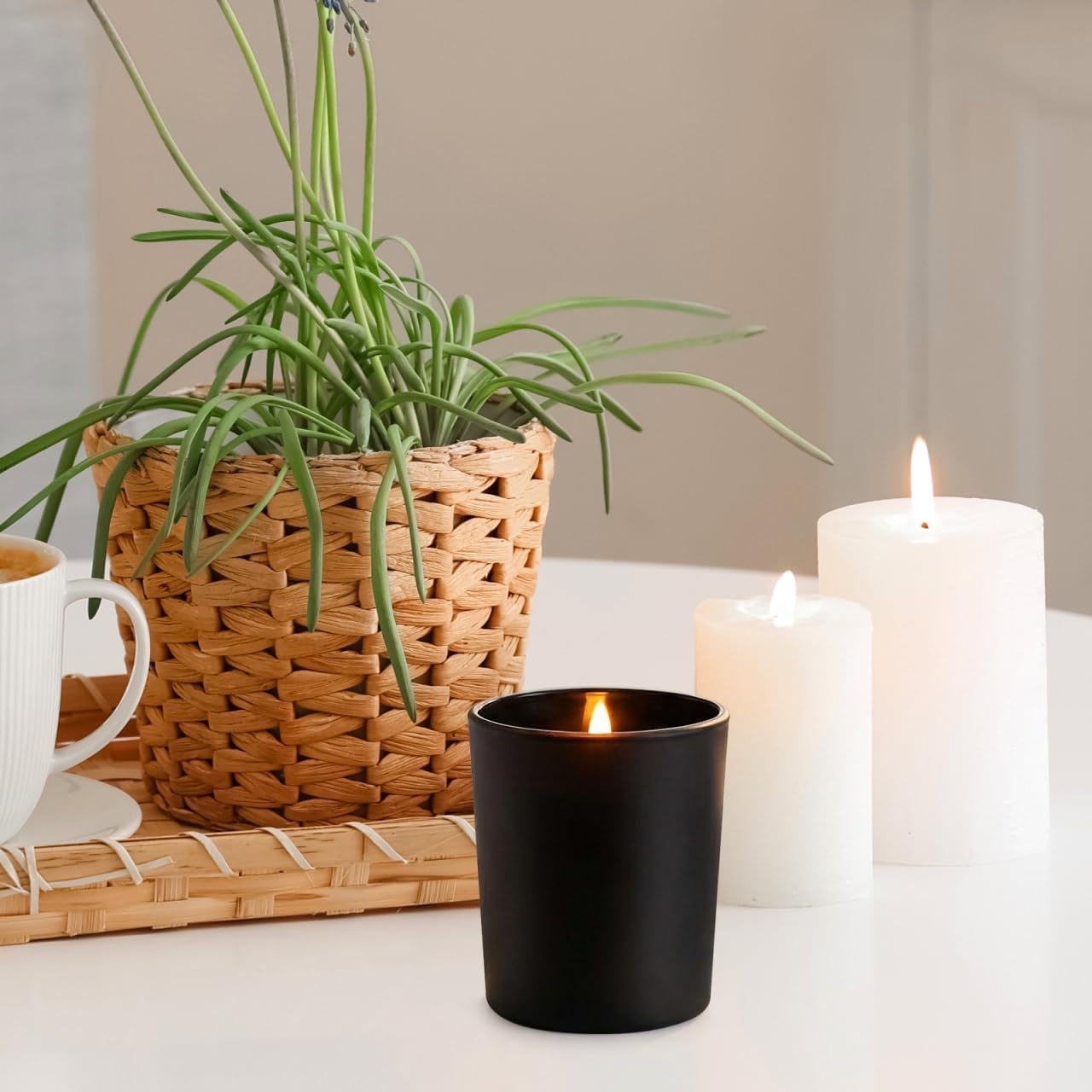 Healifty Matte Black Candle Holders, Set of 4 2-Inch Votive Glass Vessels for Table Centerpiece, Frosted Tealight Cups for Valentine’s Day and Modern Wedding Decor