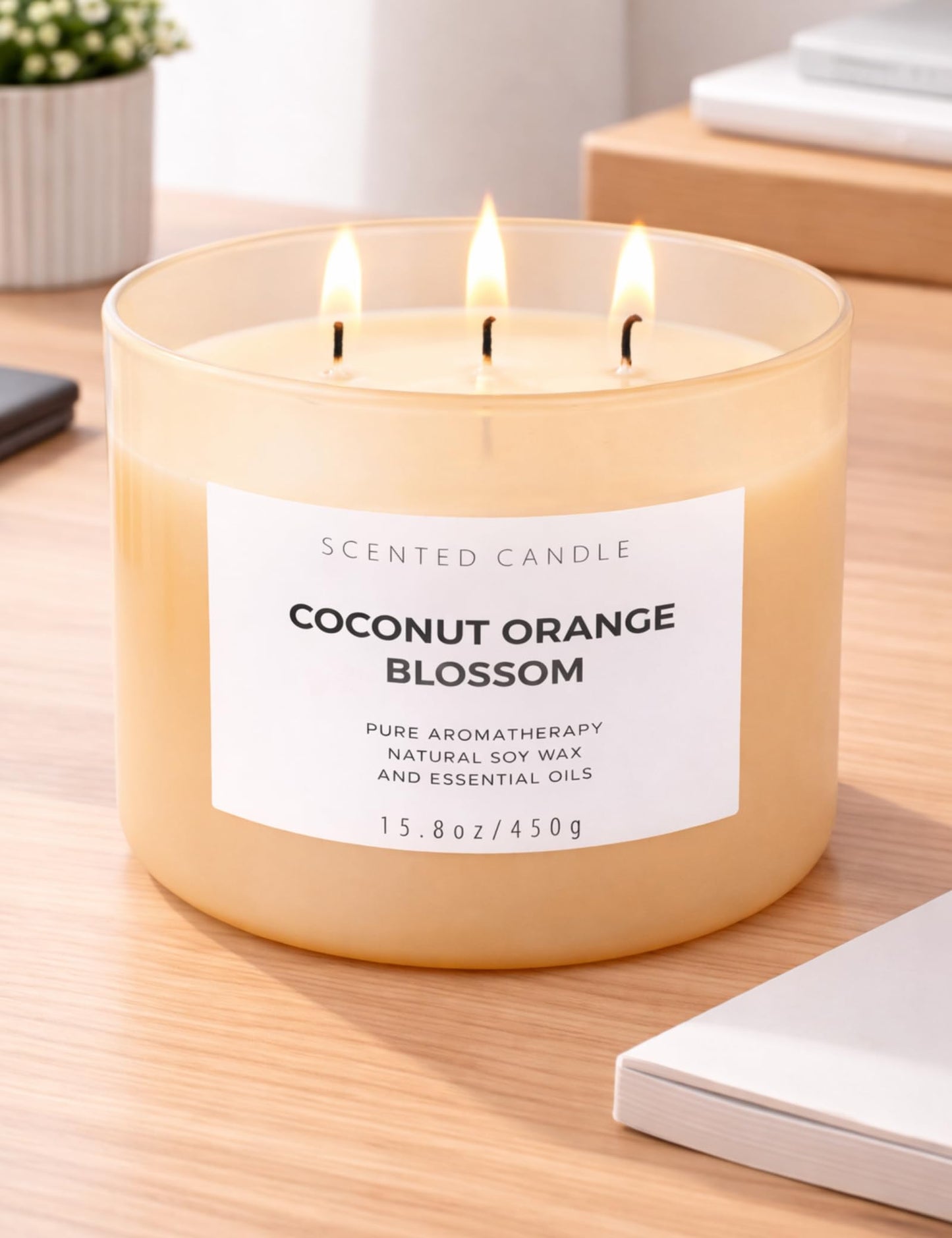 Coconut Orange Blossom Candle | 3-Wick Large Soy Candle 15.8 oz | Creamy Tropical Citrus Floral Scented Candles for Home | Strong Throw, Clean Burn Long Lasting | Aromatherapy Gift for Women