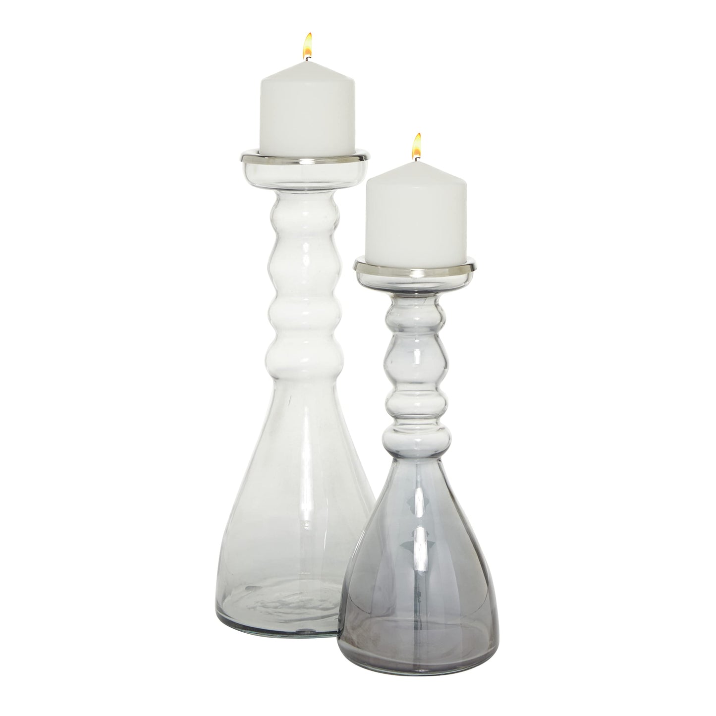The Novogratz Glass Handmade Bubble Pillar Candle Holder, Set of 2 11", 14"H, Gray
