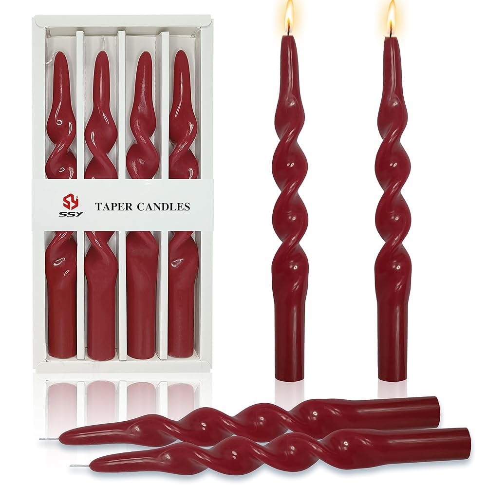 10 Inch Taper Candles Spiral Candle Unscented Handmade Set of 4 Smokeless Long Burning Twisted Candlesticks for Wedding Decoration Christmas(Red)