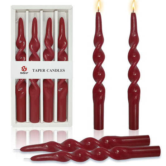 10 Inch Taper Candles Spiral Candle Unscented Handmade Set of 4 Smokeless Long Burning Twisted Candlesticks for Wedding Decoration Christmas(Red)