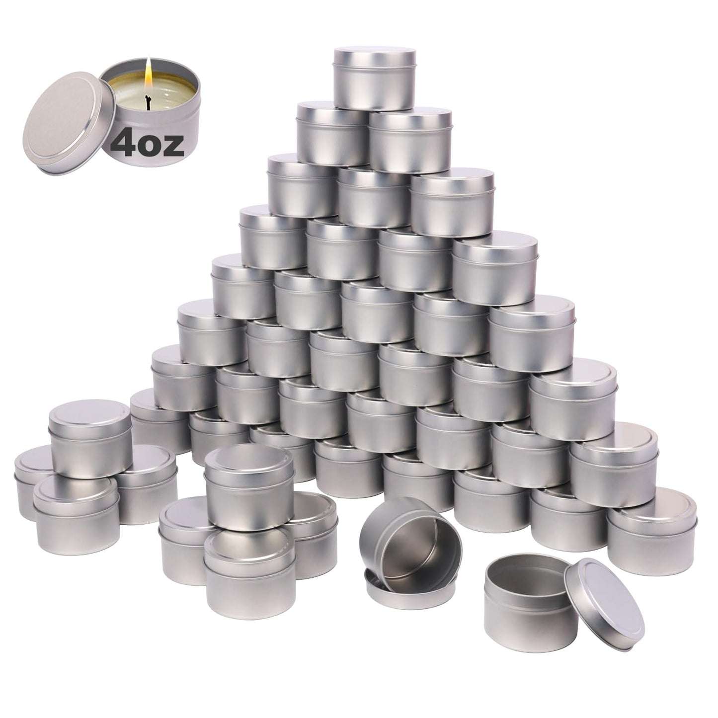 Biugaaufai 72 Pack 4 oz Sliver Metal Candle Tins with Lids, Round Bulk Metal Candle Jar, Matte Finish, Round 4 oz Candle Tins for DIY Candle Making and Storage
