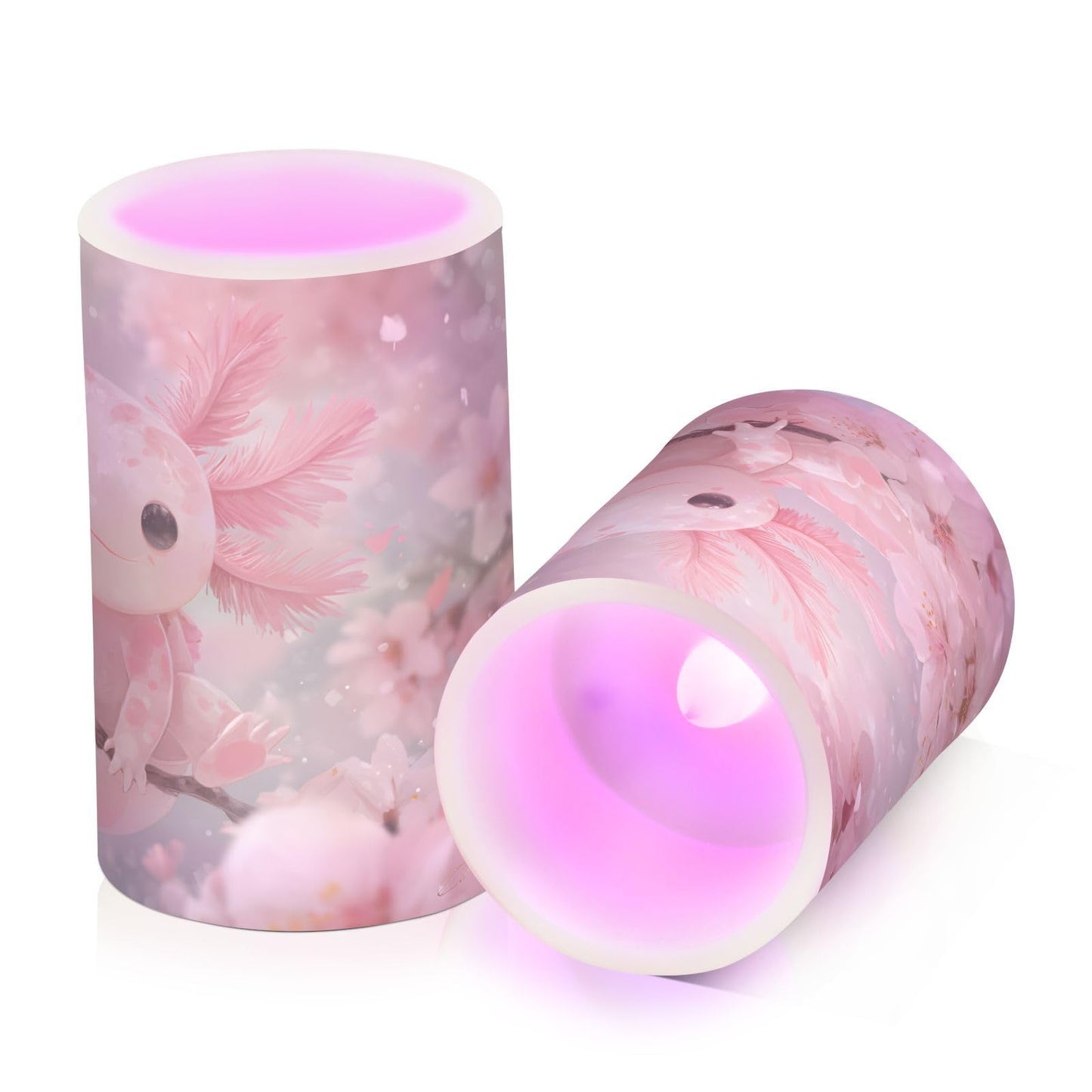 Flameless Candles with Remote Timer,Pink Axolotl Cherry Blossom Battery Operated Candles Set of 2 LED Tea Lights Flickering Pillar Votive Candles for Indoor Outdoor Decor