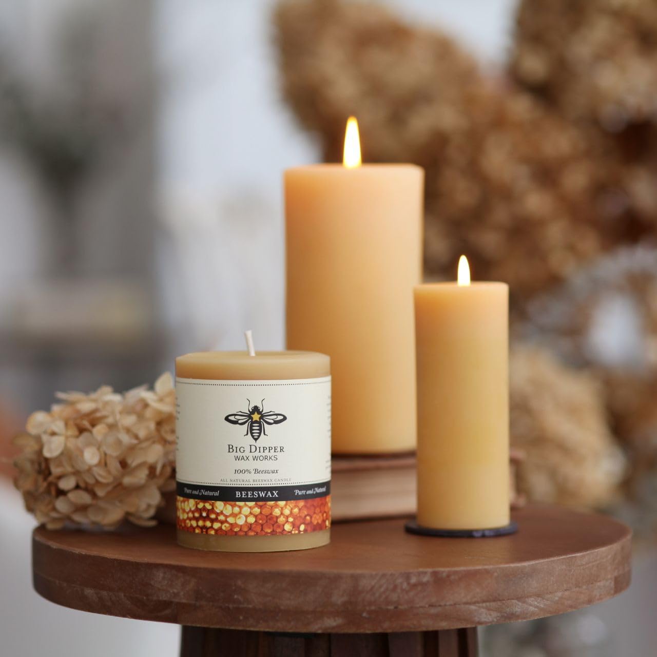 Big Dipper Wax Works 100% Pure Beeswax Pillar Candles (1 Pack) – 3" x 3.5" Handmade in USA, Long Burning Clean Soot-Free, Natural Honey Aroma, Eco-Friendly Cotton Wick, Home Décor & Meditation