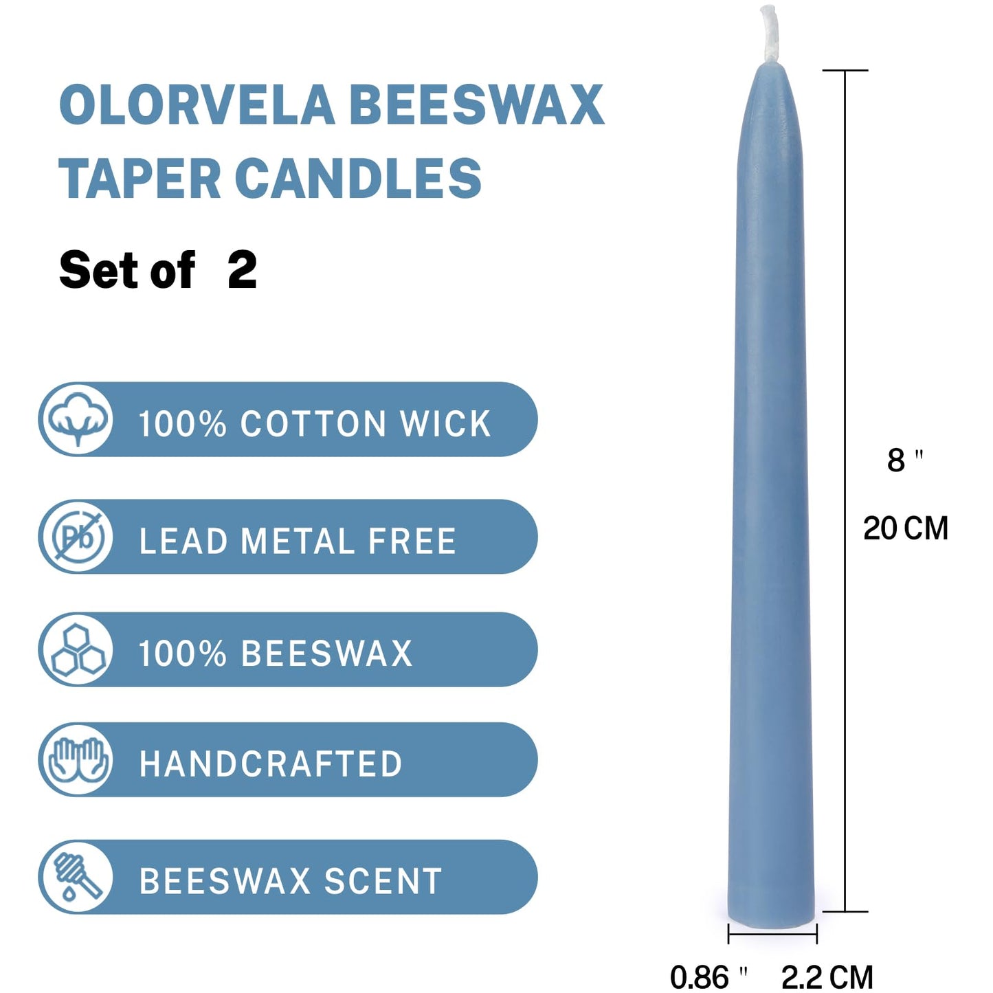 Olorvela Blue Beeswax Taper Candles,8" Long Candlestick,smokeless dripless unscented Natural Beeswax Candles.for Gift,Mother's Day (Blue)