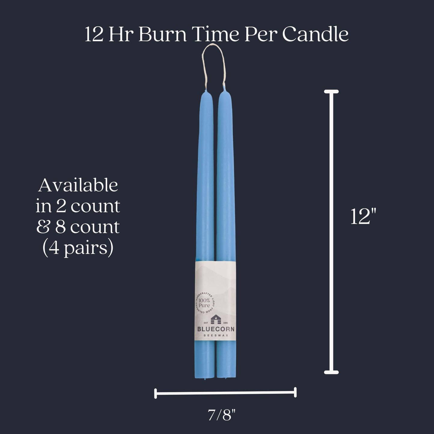 Bluecorn Beeswax Taper Candles, 100% Pure Natural Bees Wax, Pair of 12 Inch Light Blue Tapered Candlesticks, Clean Burning & Dripless, Fragrance Free, Long Lasting, Home Decor, American Made, 1 Count