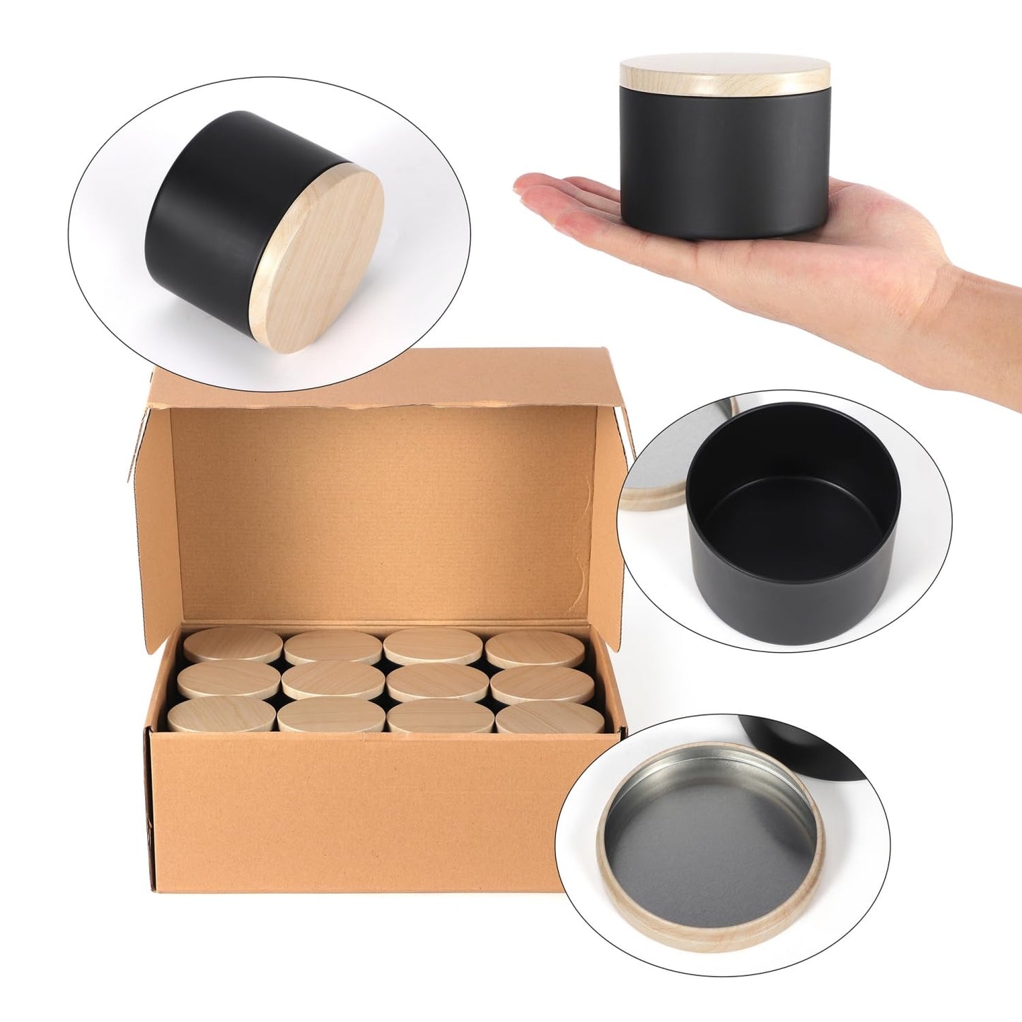 SONVIIBOX 24 PCS 8oz Candle Tins, Black tins with Wood-Grain Metal lids,Candle Jars for Making Candles Bulk,8oz Candle Jars,Tin Jars for Candle Making