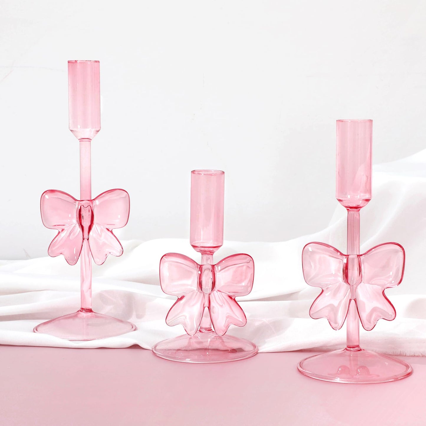 JarThenaAMCS 3Pcs Valentine's Day Glass Pink Bow Candle Holder Coquette Candle Stick Holder Stand for Home Room Party Dining Table Centerpiece Baby Shower Girls Birthday Decorations