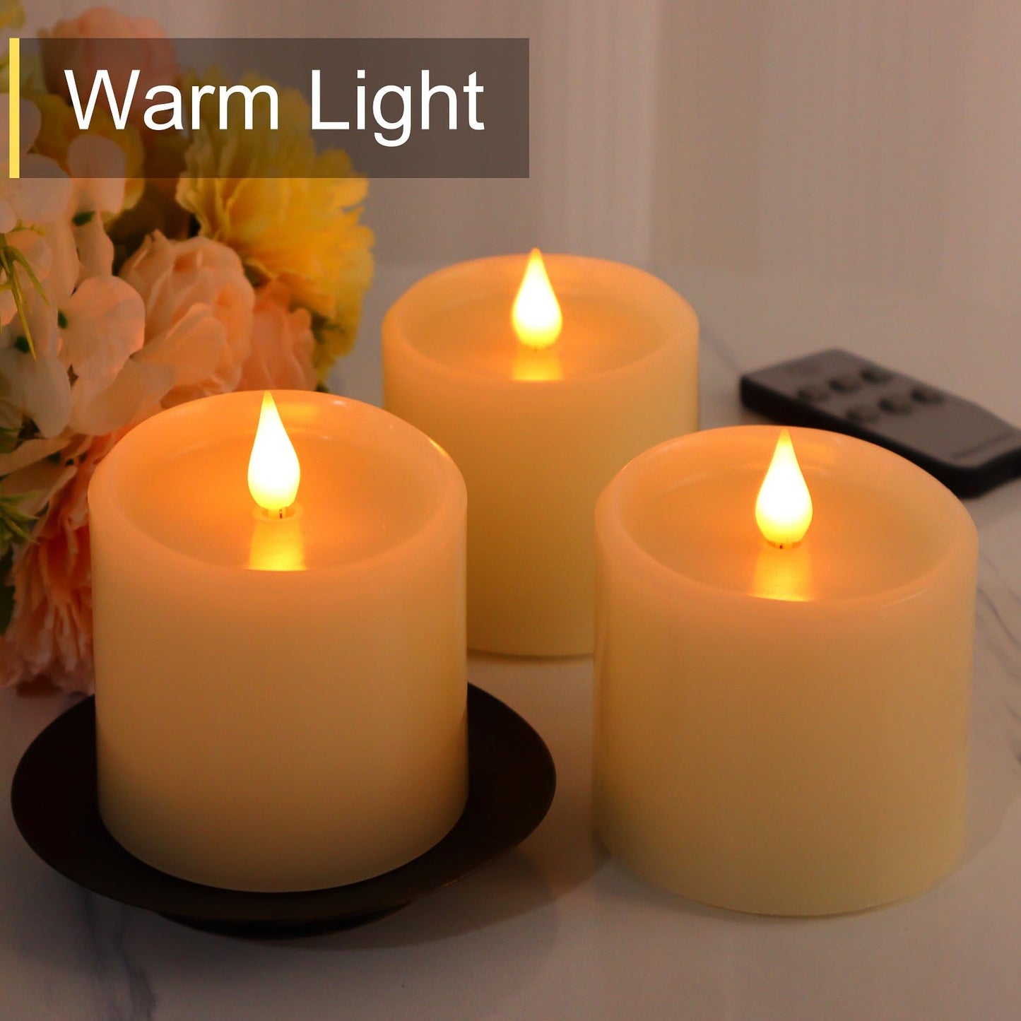 Kuandawei Flameless Candles with Timer, Flickering LED Candles Battery Operated with Remote, 3D Moving Flame, Real Wax 3" x 3" Electric Fake Candle for Home Party Decorations, 3 Pack