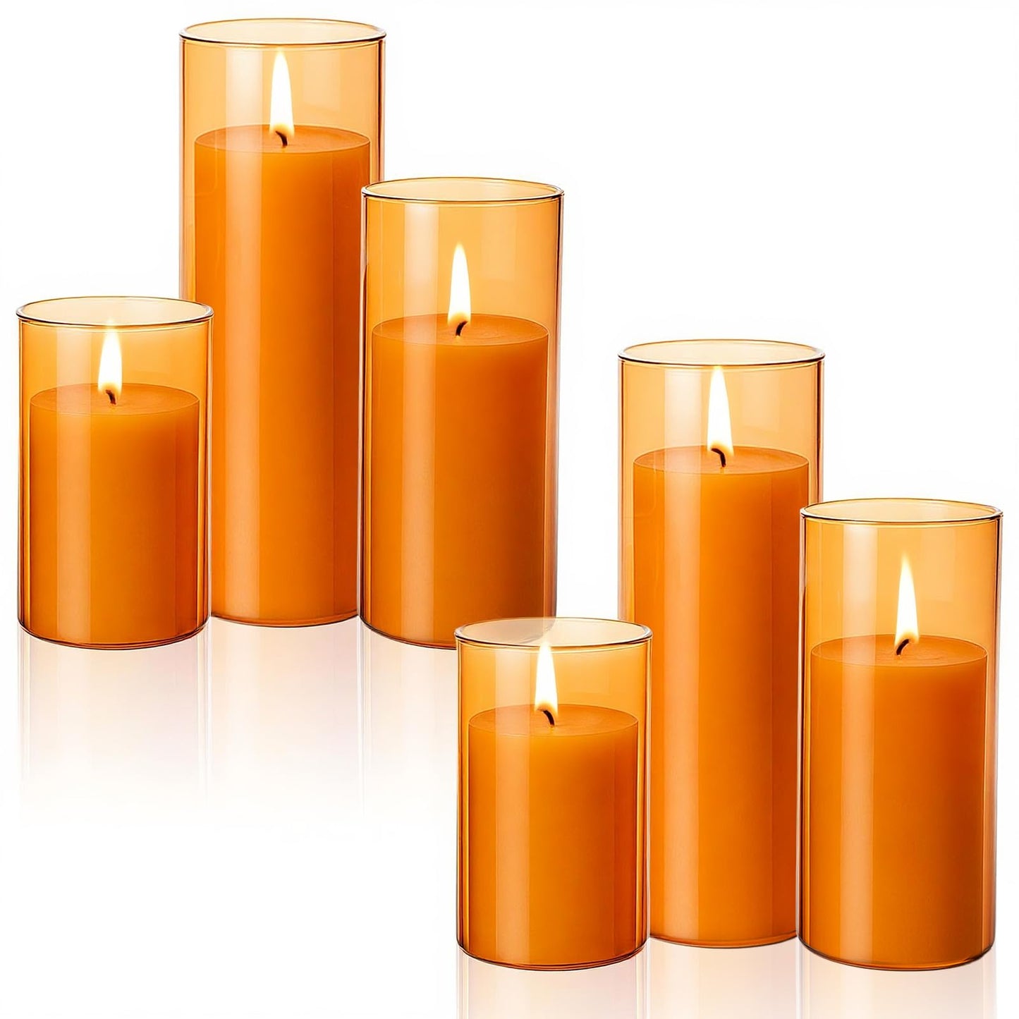 Shihanee Set of 6 Pillar Candles and Glass Cylinder Vases Clear Cylinder CandleHolders for Slim Tall Pillar Candles Wedding Centerpieces(2.8'' X 4.7", 5.9", 7.9",Orange)