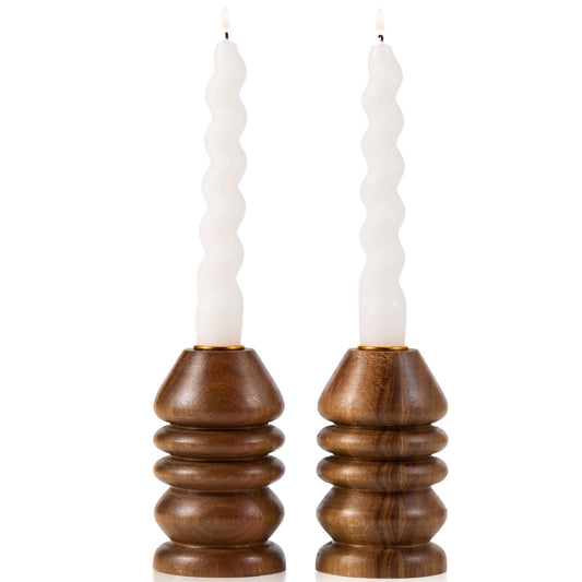 THORNIA Acacia Wood Candlestick Holders Set of 2 - Taper Candle Holders for Vintage Rustic Farmhouse Modern Home Decor, Wooden Candle Holders for Fireplace Mantel, Table Centerpiece