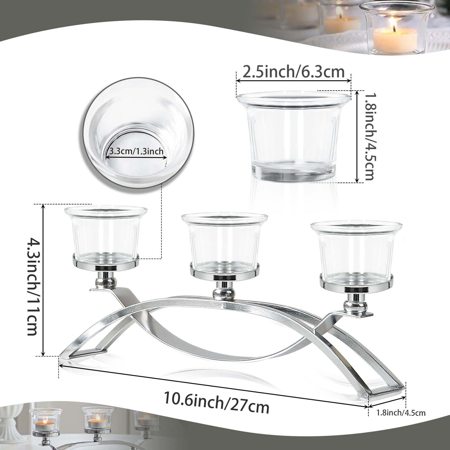 3-Arm Metal Tea Light Candle Holder Set with 5 Glass Cups, Votive Candle Holders Centerpiece Candelabra for Wedding Table Decor, Home Gatherings and Holidays (Silver, 5 Cups)
