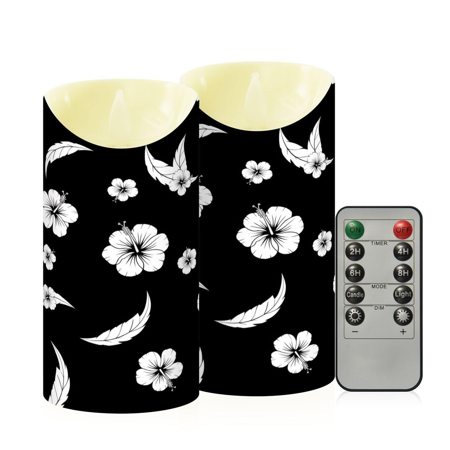 Gravopti Black White Hibiscus 2 Pack Flameless LED Pillar Candles with Remote & Timer, Battery Operated, Flickering Wax Candle for Wedding, Romantic Home & Party Decor