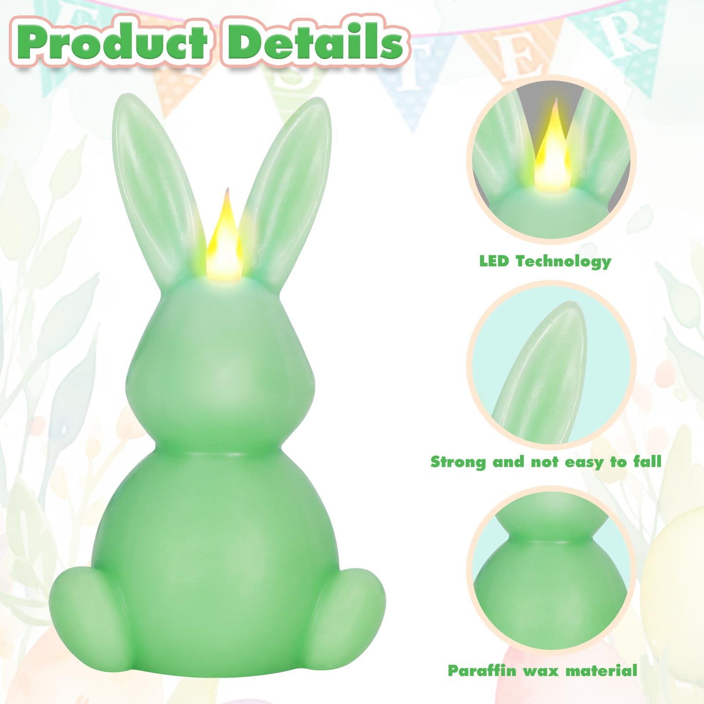 Leorate Green Easter Bunny Flameless Candle,Real Wax Carved LED Candle,Scented Bunny Shape Flame Candle Set for Home Living Room Bedroom Party Decoration Centerpiece Table Home Decor