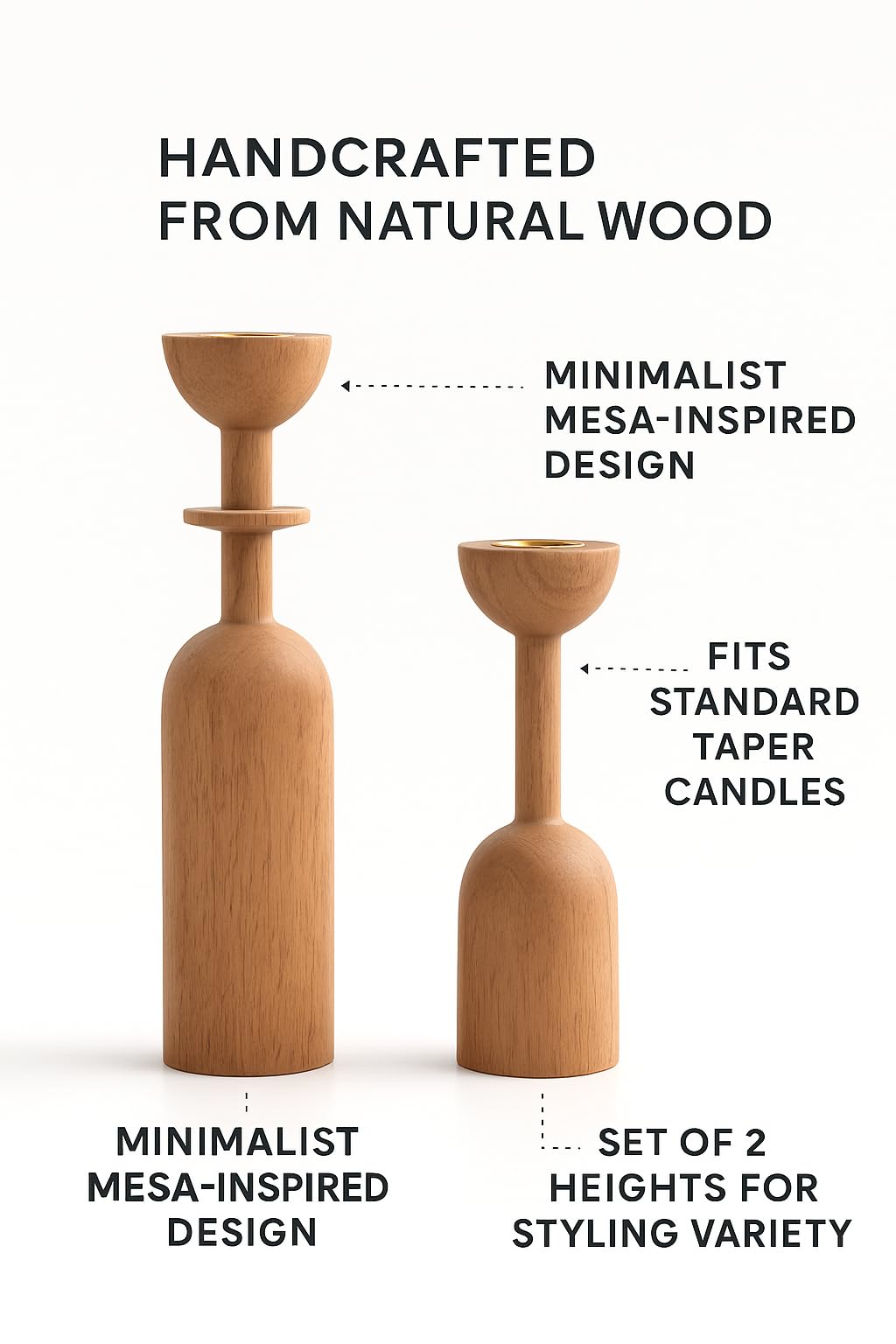 Wooden Taper Candle Holder Set of 2 - Modern Minimalist Natural Wood Candlestick Holders Fits 7/8” Taper Candles - Scandinavian Japandi Boho Farmhouse Décor for Dining Table Mantel Living Room