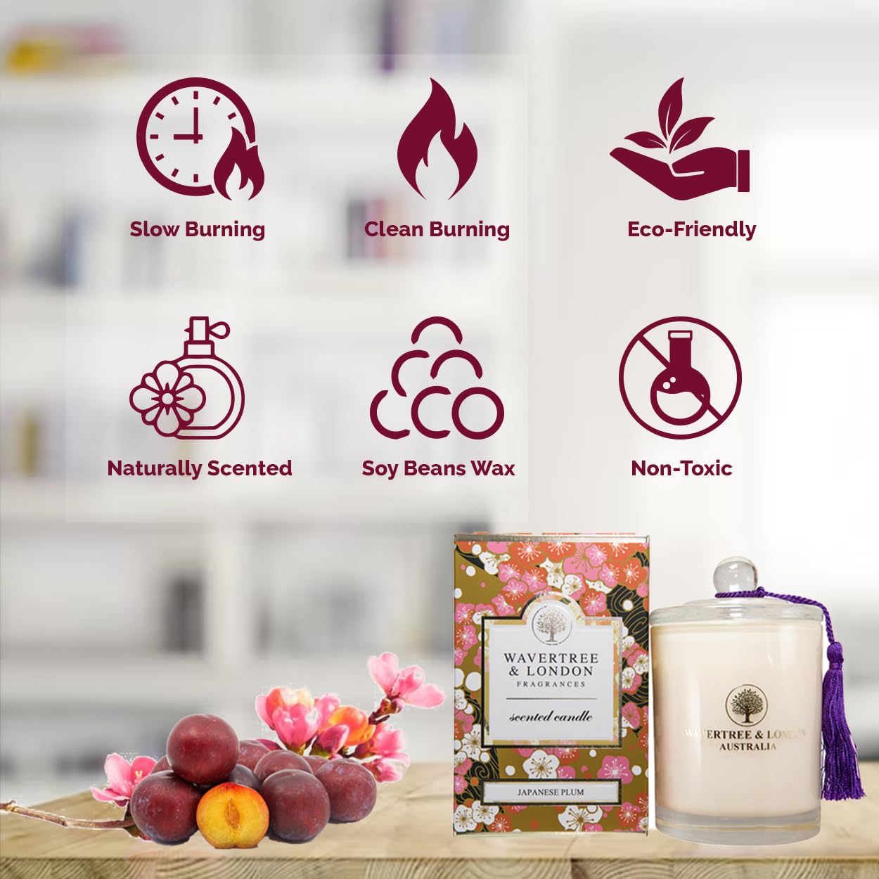 Wavertree & London Organic Japanese Plum Scent Soy Wax Candle | Non Toxic 100% Cotton Wick Triple Scented Pure Natural Soy Wax Candles, Hand Poured in Australia | 60 Hours Burning Time, 11.66 Oz