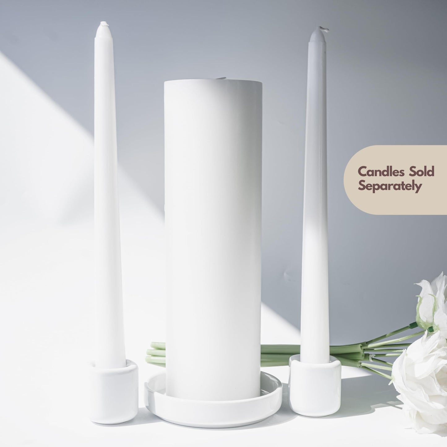 Unity Candle Holders and Vase Set, White Porcelain Candleholders for Taper Candles and Vase for Pillar Candle, Set of 3, Minimalist Round Ceramic Candle Holders, Great for Wedding Candle Set