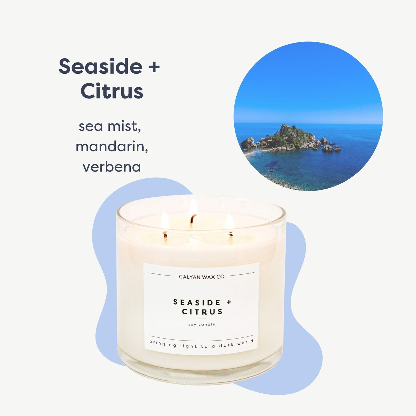 Calyan Wax Co. Seaside & Citrus 3 Wick Scented Candle - 43 Hour Burn - Luxury 3 Wick Soy Candles - Clean Soy Wax Candles - Long Lasting Large Glass Jar Candle for Home - 14.9oz