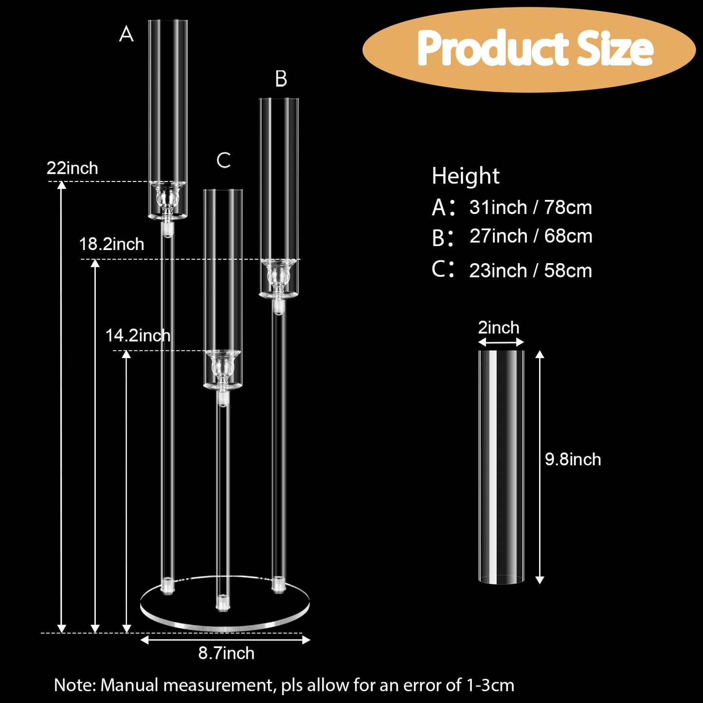 6 Set 3 Arms Acrylic Candelabras with Shades,31" Candelabra Centerpieces for Wedding Decorations,Clear Candle Holder for Table Decoration,Dinner Party,Candlesticks Holder Fits 0.87“LED Candle