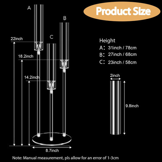 6 Set 3 Arms Acrylic Candelabras with Shades,31" Candelabra Centerpieces for Wedding Decorations,Clear Candle Holder for Table Decoration,Dinner Party,Candlesticks Holder Fits 0.87“LED Candle