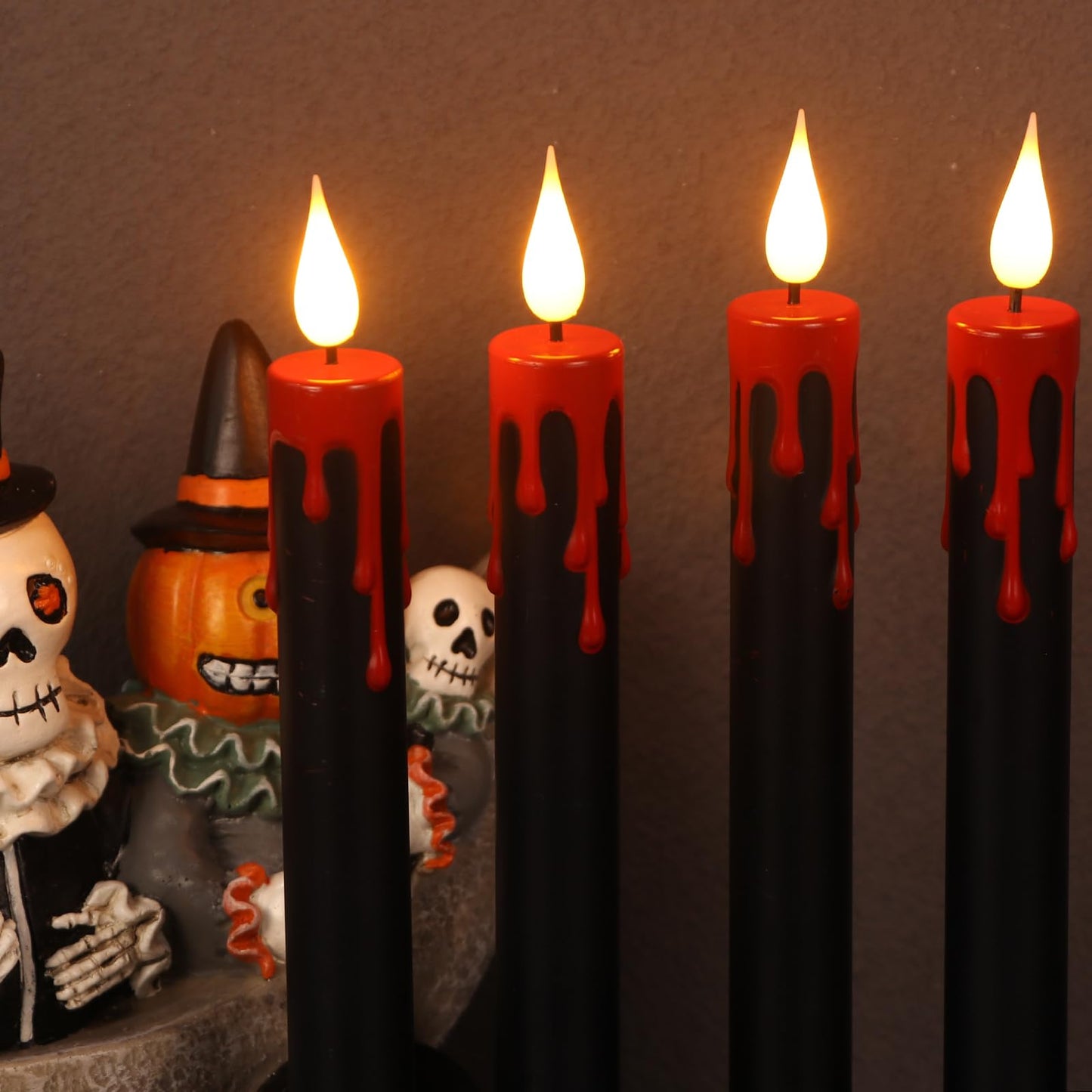 Eldnacele Halloween Flameless Taper Candle Lights Battery Operated with Remote and Timer, 2 Pack Skeleton Hand Holders Black Dripping Wax Effect LED Flickering Candles Home Decor(3” x 12”)