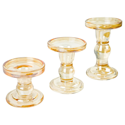 DreamsEden Amber Glass Candle Holder, Set of 3 Crystal Clear Candlestick Stand for Pillar Taper Tealight Candle, 3 Pcs Elegant Candelabra Table Centerpiece Home Living Room Wedding Dinner Party Decor