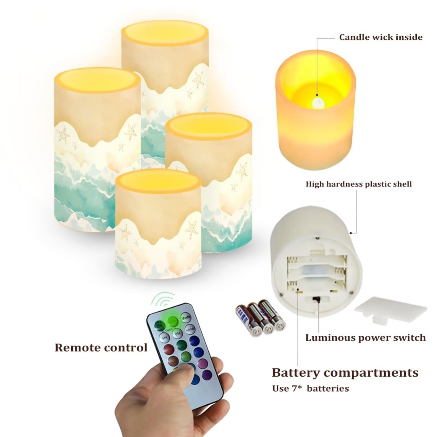 NETILGEN Beach Ocean Wave Flameless Electric LED Pillar Candles with Remote Timer Control Color Changing Long Lasting Tealights Fake Candles Set of 4, Beach Themed Home Decoration