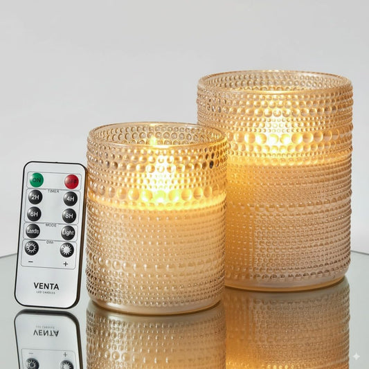 VENTA Beyond The Flame Mesmerizing Dotted Glass Candles | Set of 2 Ivory LED Pillars | Create a Magical, Worry-Free Glow with Remote & Timer | Perfect for Home, Holiday & Wedding Ambiance