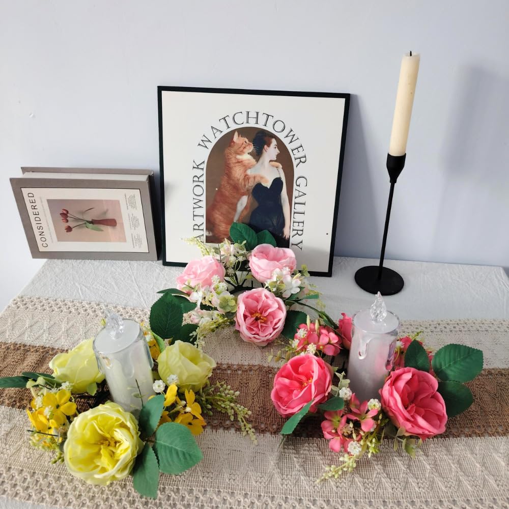 Set of 4 Artificial Rose Daisy Flowers Candle Rings Wreaths 3 Inch Center Green Eucalyptus 8" Floral Small Wreath for Pillars Spring Easter Wedding Party Home All Season Decor (Pink A)