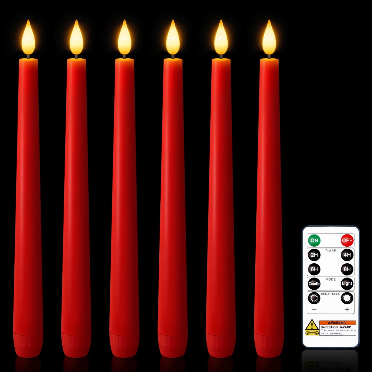 Meigic 6 Pcs Red Flameless Taper Candles with Remote Timer Dimmer, Plastic Led Taper Candles Realistic, 9.6 Inches Battery Operated Candlesticks Flickering, for Party Holiday Christmas Decor