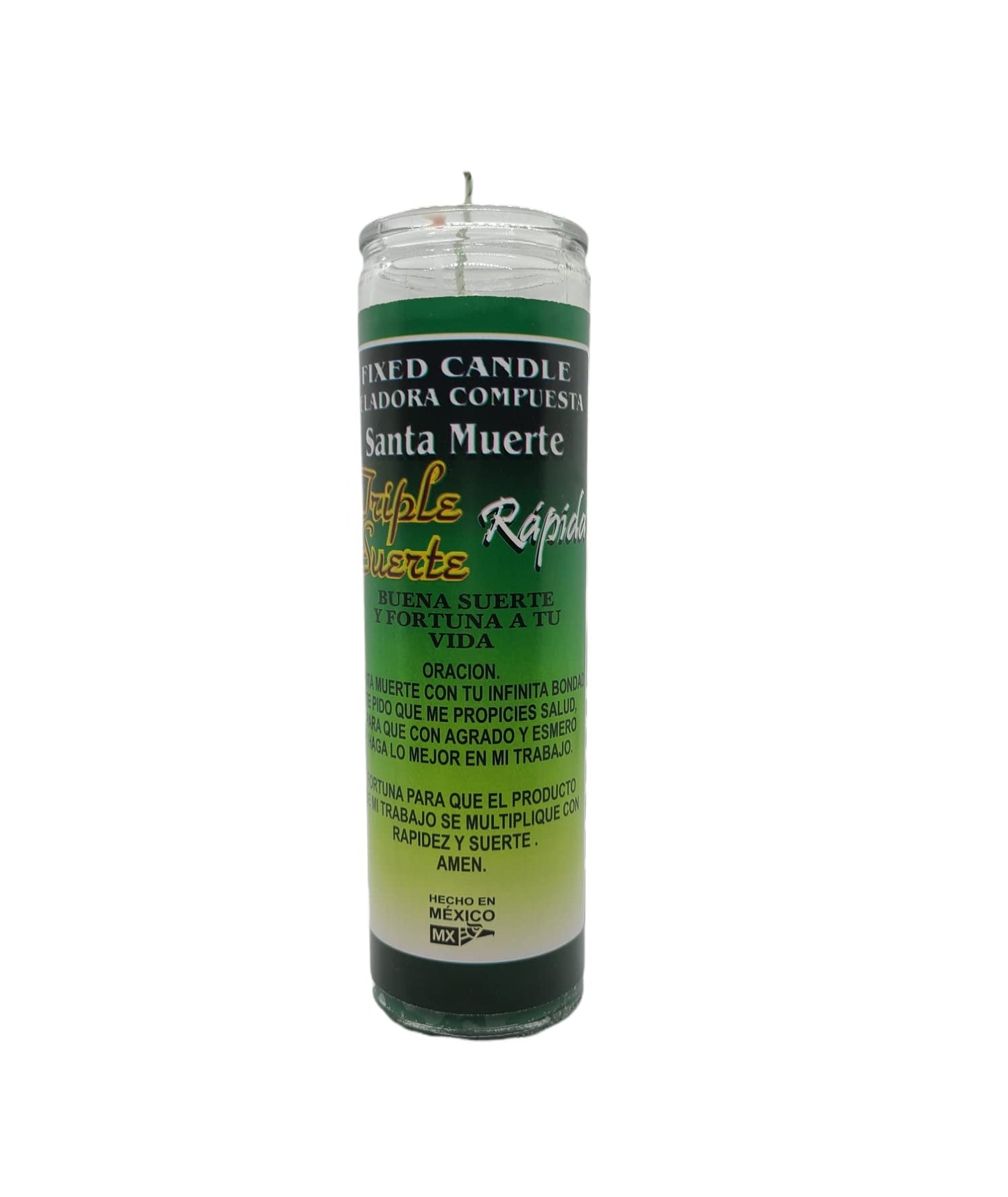Santa Muerte Triple Suerte Green 7 Day Glass Religious Candle
