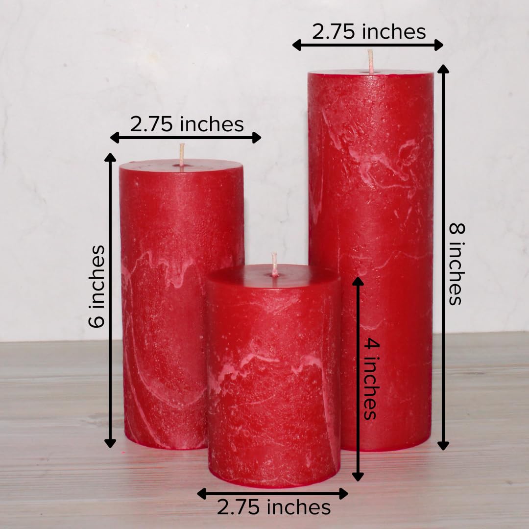 Simply Soson 3x4, 3x6, 3x8 inch Red Pillar Candles, Set of 3 Pillar Candles, Rustic Texture, Unscented Red Candles, Dripless Candles, Ideal as Wedding, Parties, Spa, Dinner, Home Decor, Church