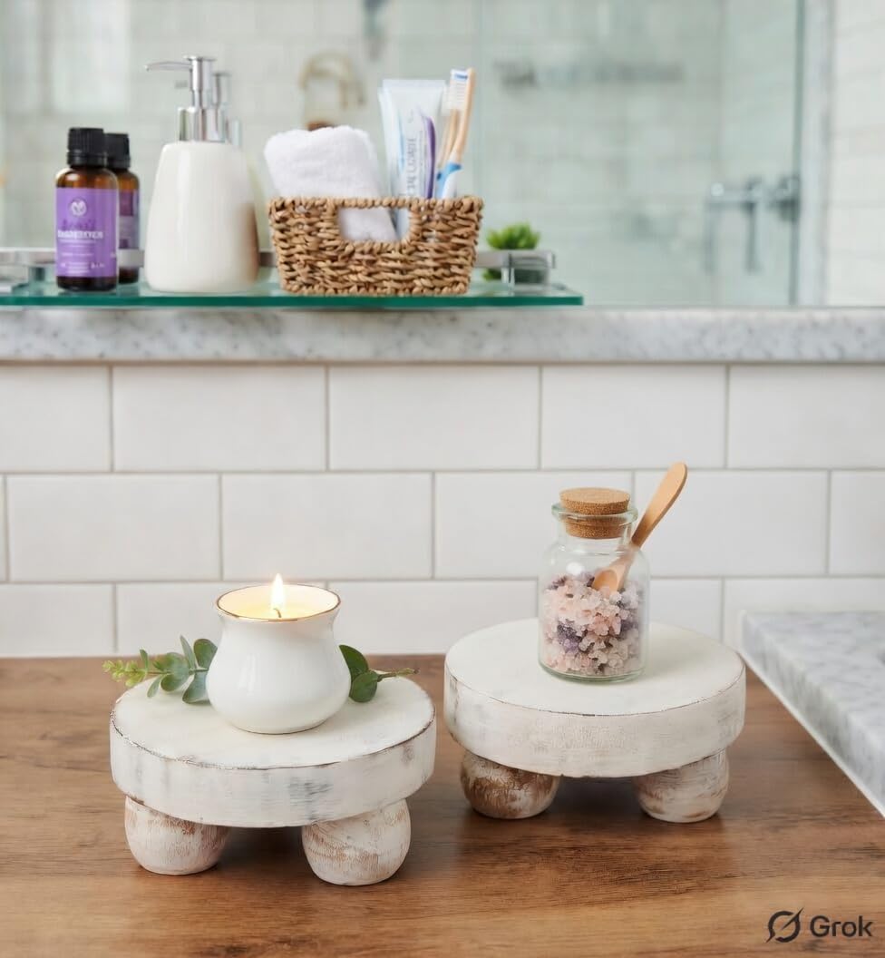 Eximious India Housewarming Gifts Set of 2 Wood Display Stand Home Decor Display Risers Round Pedestal Bathroom Accessory Holder Plant Holder Table Top Kitchen Multi Purpose Organiser Set