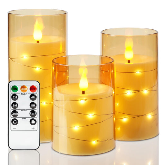 Amagic Flameless Candles 3 Set, Flickering Battery Operated Candles Embedded Fairy String Light, Realistic Pillar Candle with Remote Control and Timer, Acrylic Amber Gold, D3 x H4 5" 6"