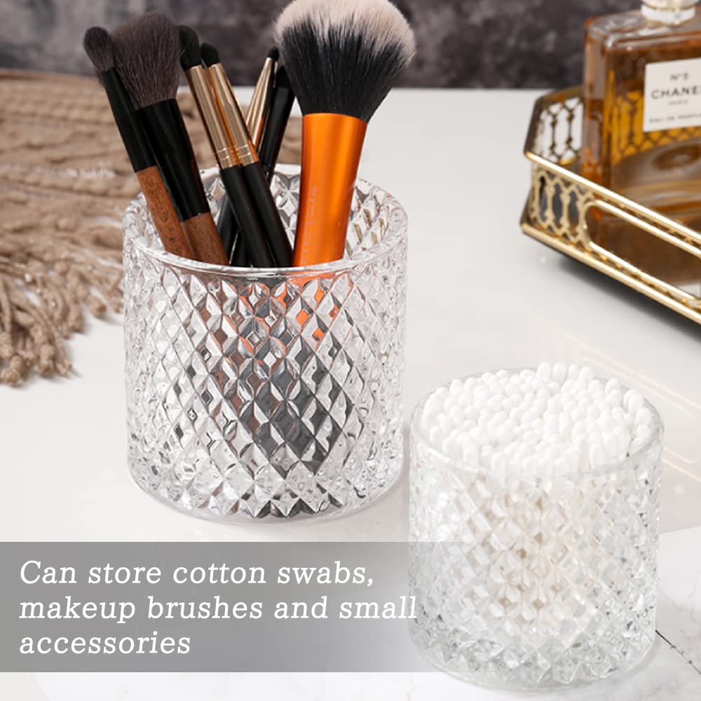 FHDUSRYO 2Pcs Crystal Jar with Lid, Glass Sugar Bowl Decorative Candy Jars, Diamond Candy Dish, Crystal Cookie Tin Biscuit Barrel, Buffet Container, Qtip Holder for Home (10+24oz, Clear)