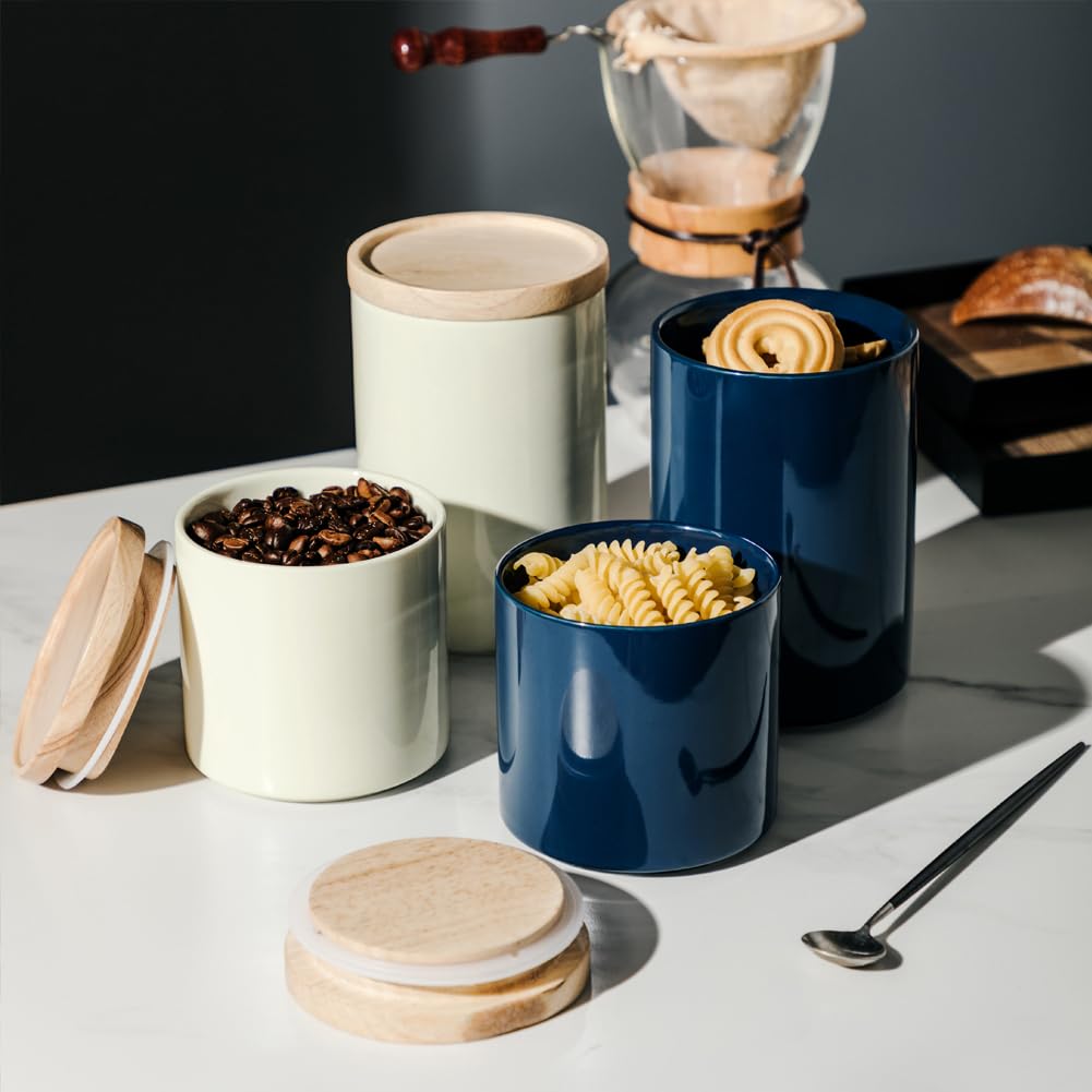 Sweejar Kitchen Canisters Ceramic Food Storage Jar, Stackable Containers with Airtight Seal Wooden Lid for Serving Ground Coffee, Tea, Sugar, Salt and More - 28 Fl Oz (Beige)