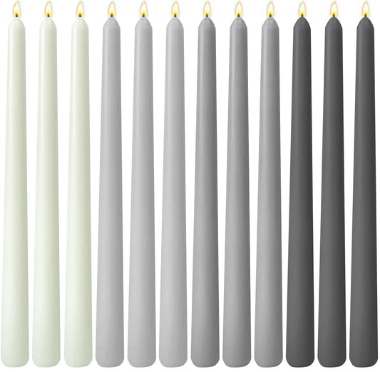 12-Pack Gradient Grey Taper Candles, 10 Inch Unscented Dripless Candlesticks, Long-Lasting Burn Time of 7-8 Hours, Perfect for Dinners Parties Home Décor