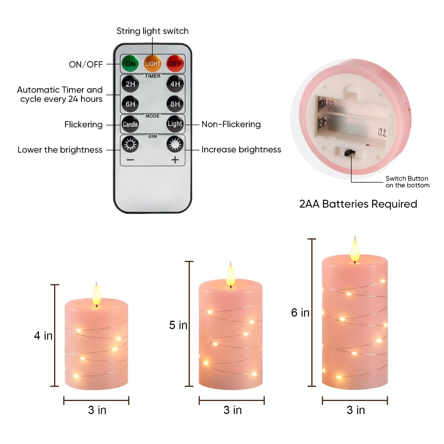 Amagic Flameless Candles with Embedded String Lights, 11-Key Remote & Timer, 3D Wick Real Wax Battery Operated Flickering Led Pillar Candles for Home, Lantern Decor, Set of 3, Pink