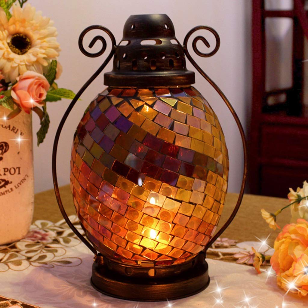 XILIN-1987 Candle Holderss European Mosaic Candle Holder Wrought Iron Glass Candlestick Simple Home Furnishings Decorative Candlestick (Color : A)