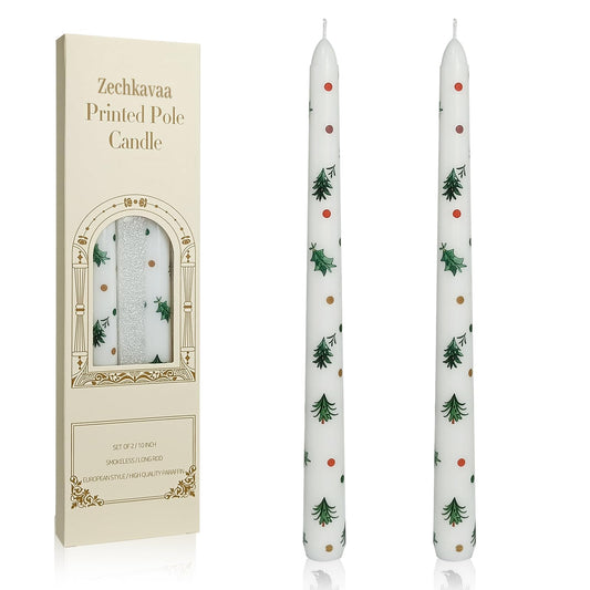 Floral Taper Candles 10 Inch Tall Unscented Handmade Small Christmas Trees Print Candles Long Burning Elegant Candlesticks for Christmas Decor Gifts