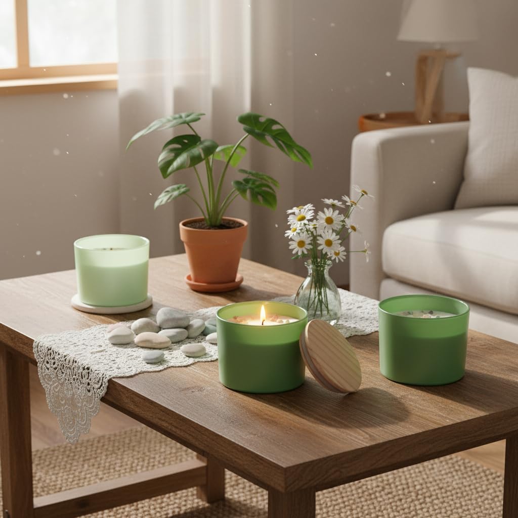 6Pcs Assorted Green Candle Jars for Making Candles, 12oz Empty Candle Jars with Bamboo Lids,Labels and 100g Crystal Rocks, Glass Jars for Candle Making Supplies, Candle Containers for DIY Gifts
